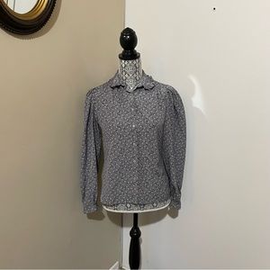 Vintage Pant-Her Blue Floral Ruffled Collared Button Up Blouse